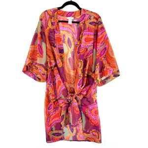 Pink Purple Green Paisley Kimono Swim Cover 0X Boho Vacation Psychedelic Summer